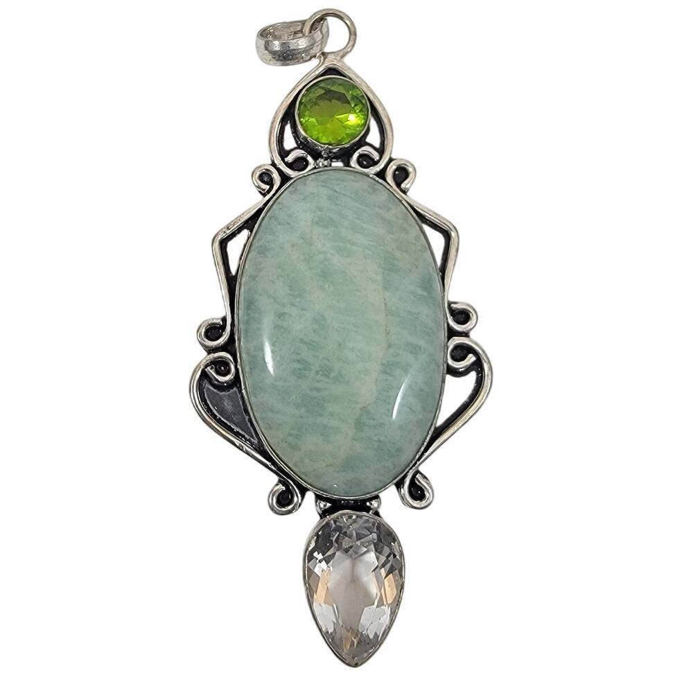 Artisan Silver Pendant with Amazonite, Green Peridot and Clear Quartz Accents